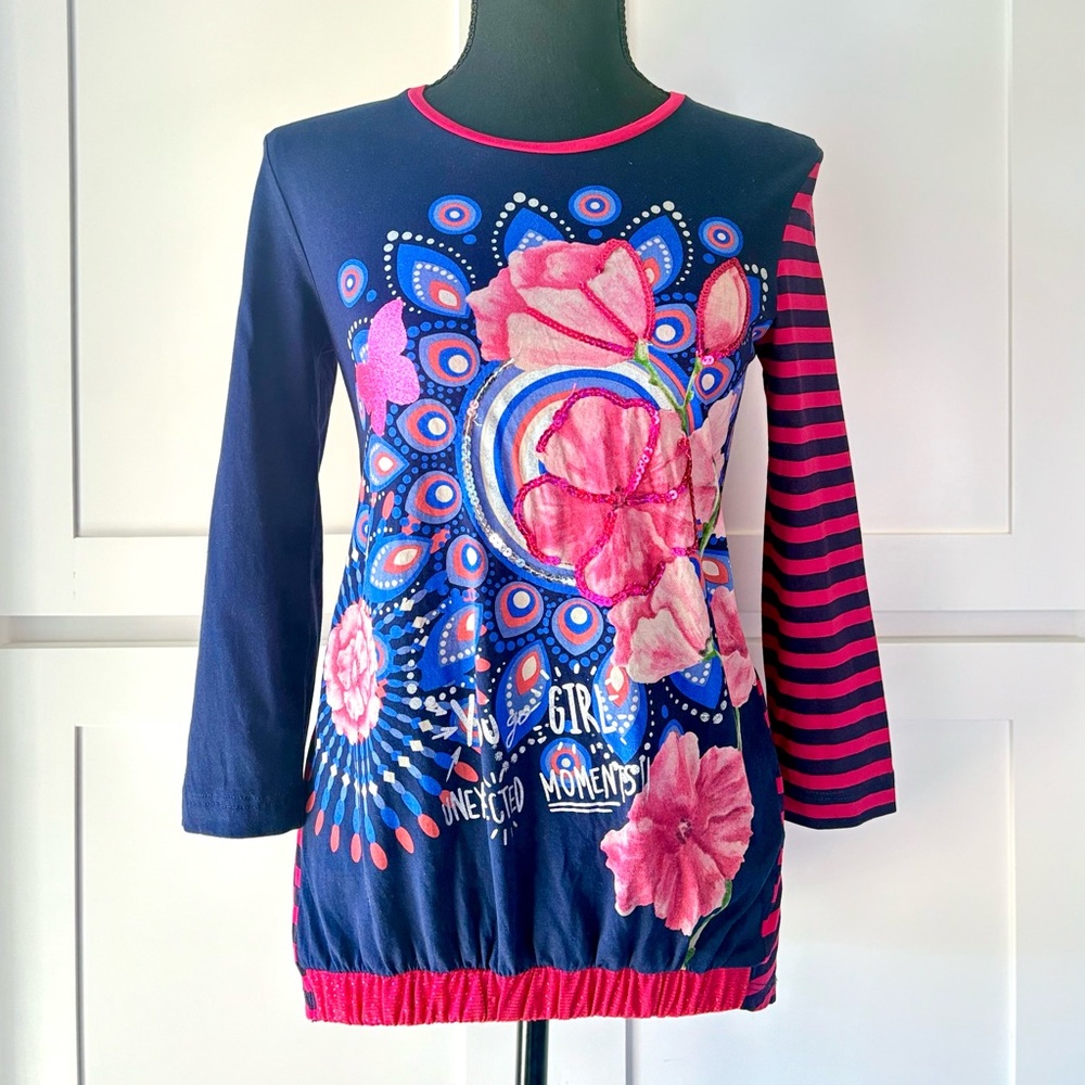 Navy blue and pink floral print tunic top with stripe pattern